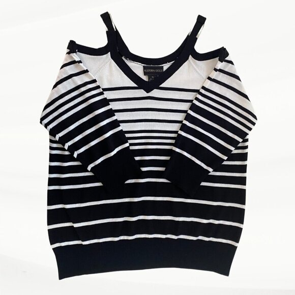 FLAWED Allegra Gold Striped Cold Shoulder Sweater Top, Size XL - Picture 6 of 14